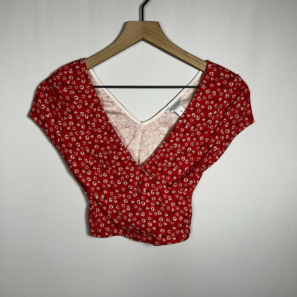 Arizona Shirt Women Size‎ XS Floral Print V-Neck Wrap Short Sleeve Crop Blouse